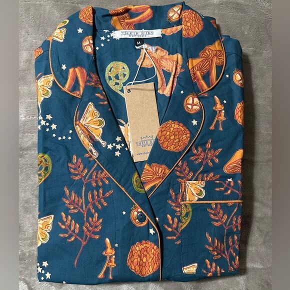 THEIR NIBS S-XL Dark Blue Orange Autumn Cotton Short Sleeve Crop Pants PJ Set - Picture 14 of 16